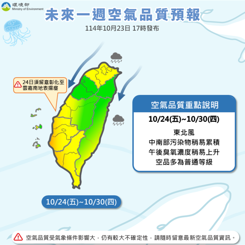 114年10月24日至10月30日空氣品質預報